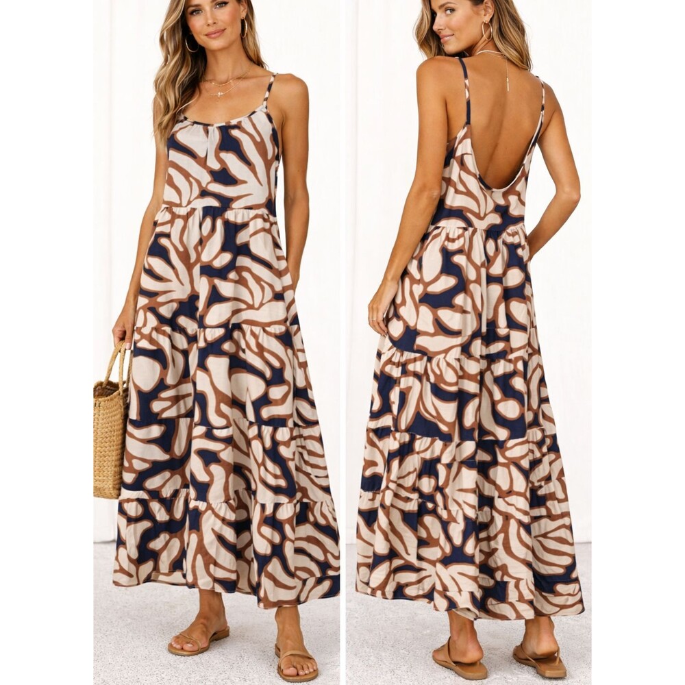 CeCe Tiered Maxi Dress Scoop Back Earthy Boho Resort Sz L NWOT